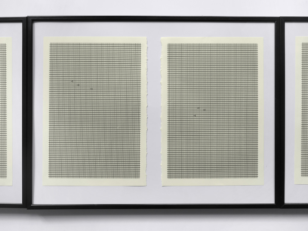Claude Closky, ‘Hi Hi Hi,’ 2014, pages 95-99 cut out from ‘The Drawer’ (Paris) volume 7, 3 black standard frames (one 29,7 x 21 cm, two 30 x 40 cm), 31 x 104 cm.